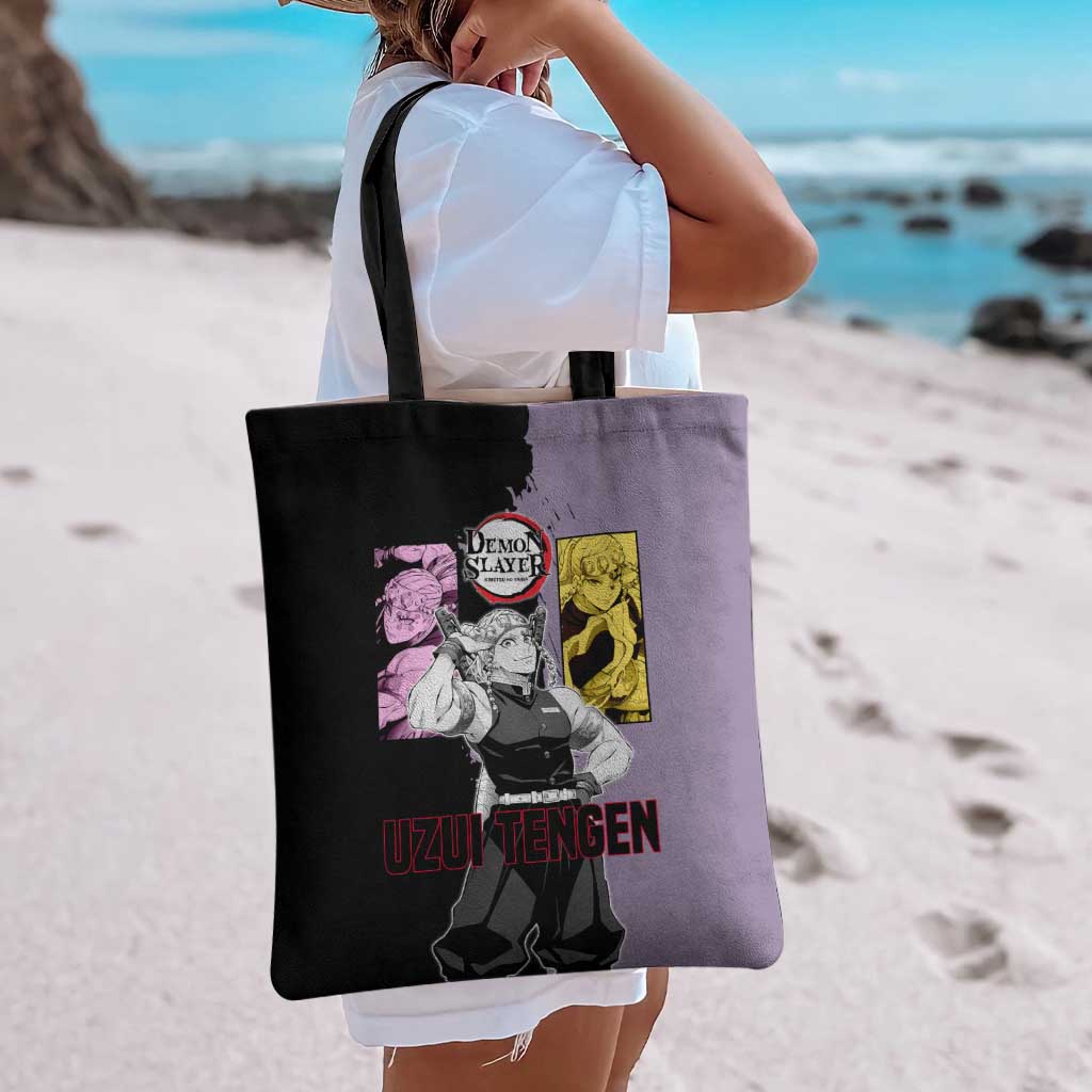 Tengen Uzui from Demon Slayer Tote Bag with Purple and Black Split Design and Dual Sword Manga Panel Layout - The Mazicc