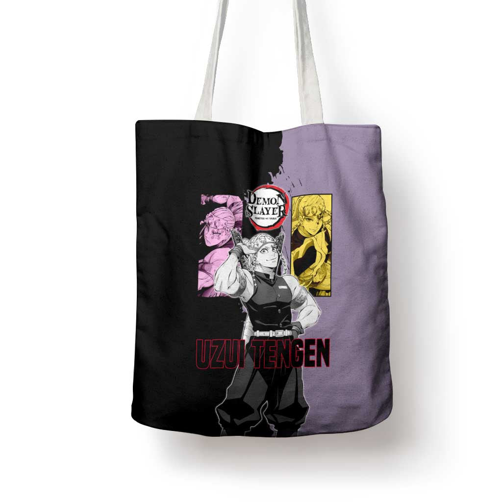 Tengen Uzui from Demon Slayer Tote Bag with Purple and Black Split Design and Dual Sword Manga Panel Layout - The Mazicc