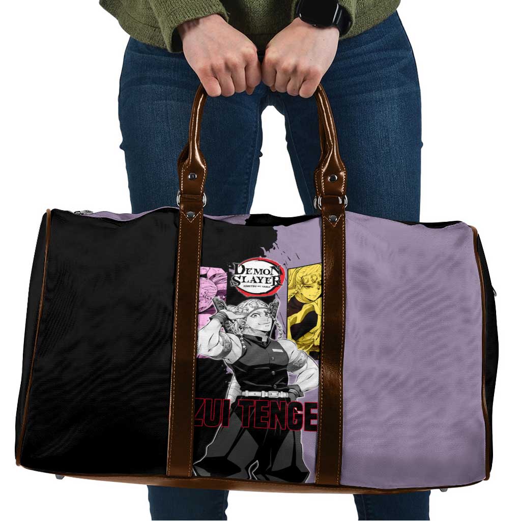 Tengen Uzui from Demon Slayer Travel Bag with Purple and Black Split Design and Dual Sword Manga Panel Layout - The Mazicc
