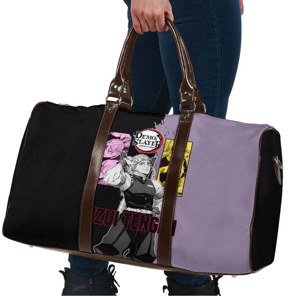 Tengen Uzui from Demon Slayer Travel Bag with Purple and Black Split Design and Dual Sword Manga Panel Layout - The Mazicc