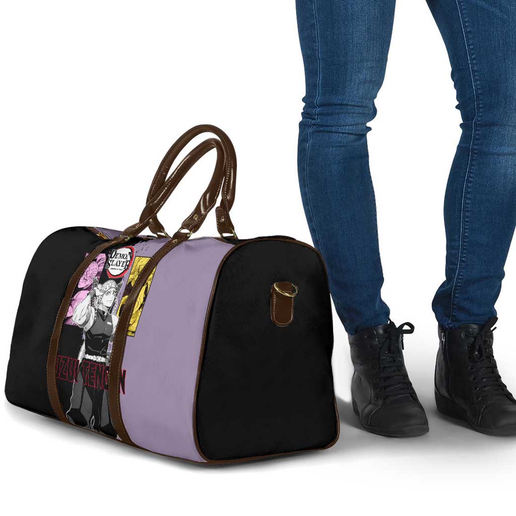 Tengen Uzui from Demon Slayer Travel Bag with Purple and Black Split Design and Dual Sword Manga Panel Layout - The Mazicc