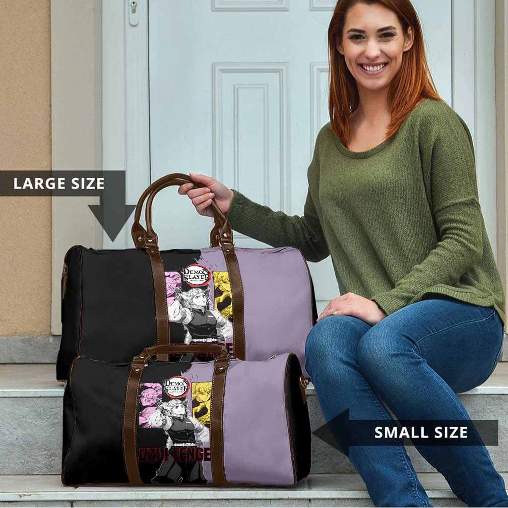 Tengen Uzui from Demon Slayer Travel Bag with Purple and Black Split Design and Dual Sword Manga Panel Layout - The Mazicc