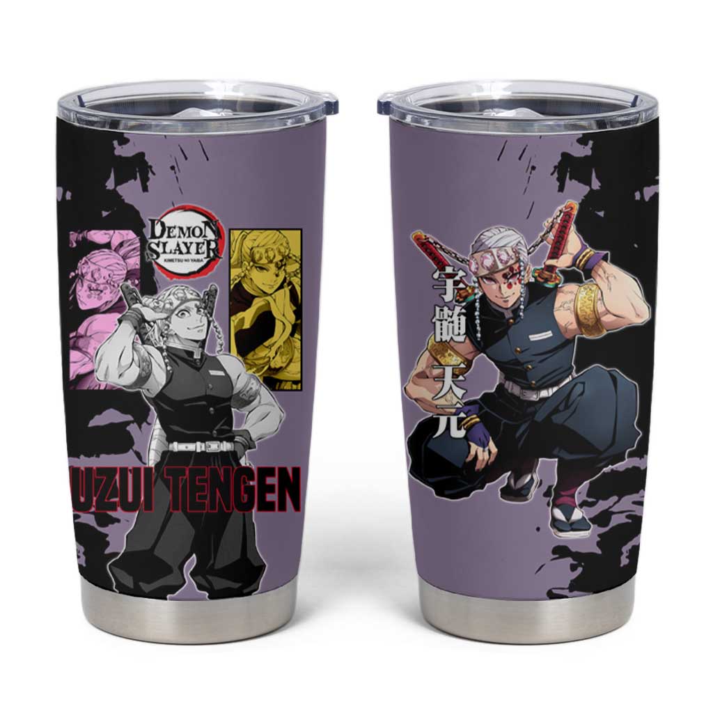 Tengen Uzui from Demon Slayer Tumbler Cup with Purple and Black Split Design and Dual Sword Manga Panel Layout - The Mazicc