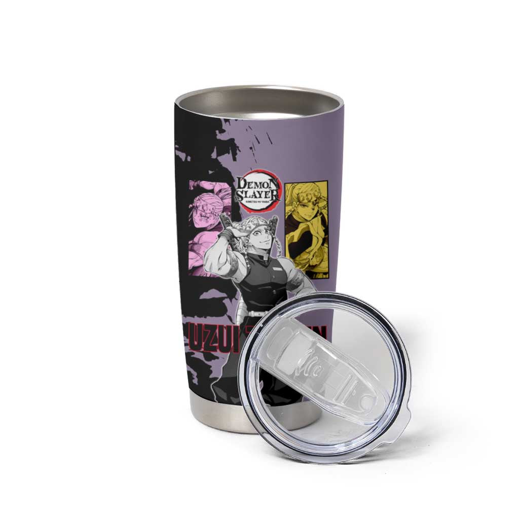 Tengen Uzui from Demon Slayer Tumbler Cup with Purple and Black Split Design and Dual Sword Manga Panel Layout - The Mazicc