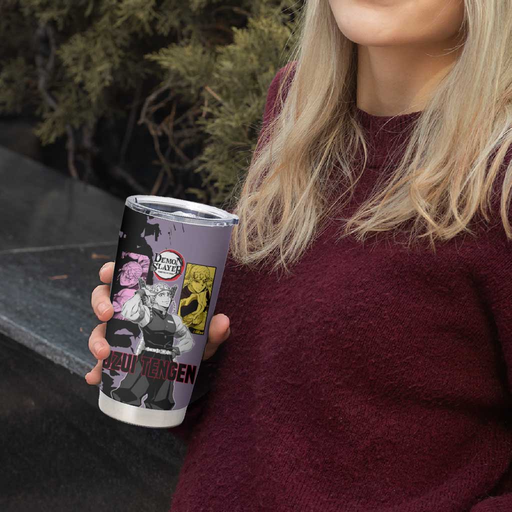 Tengen Uzui from Demon Slayer Tumbler Cup with Purple and Black Split Design and Dual Sword Manga Panel Layout - The Mazicc