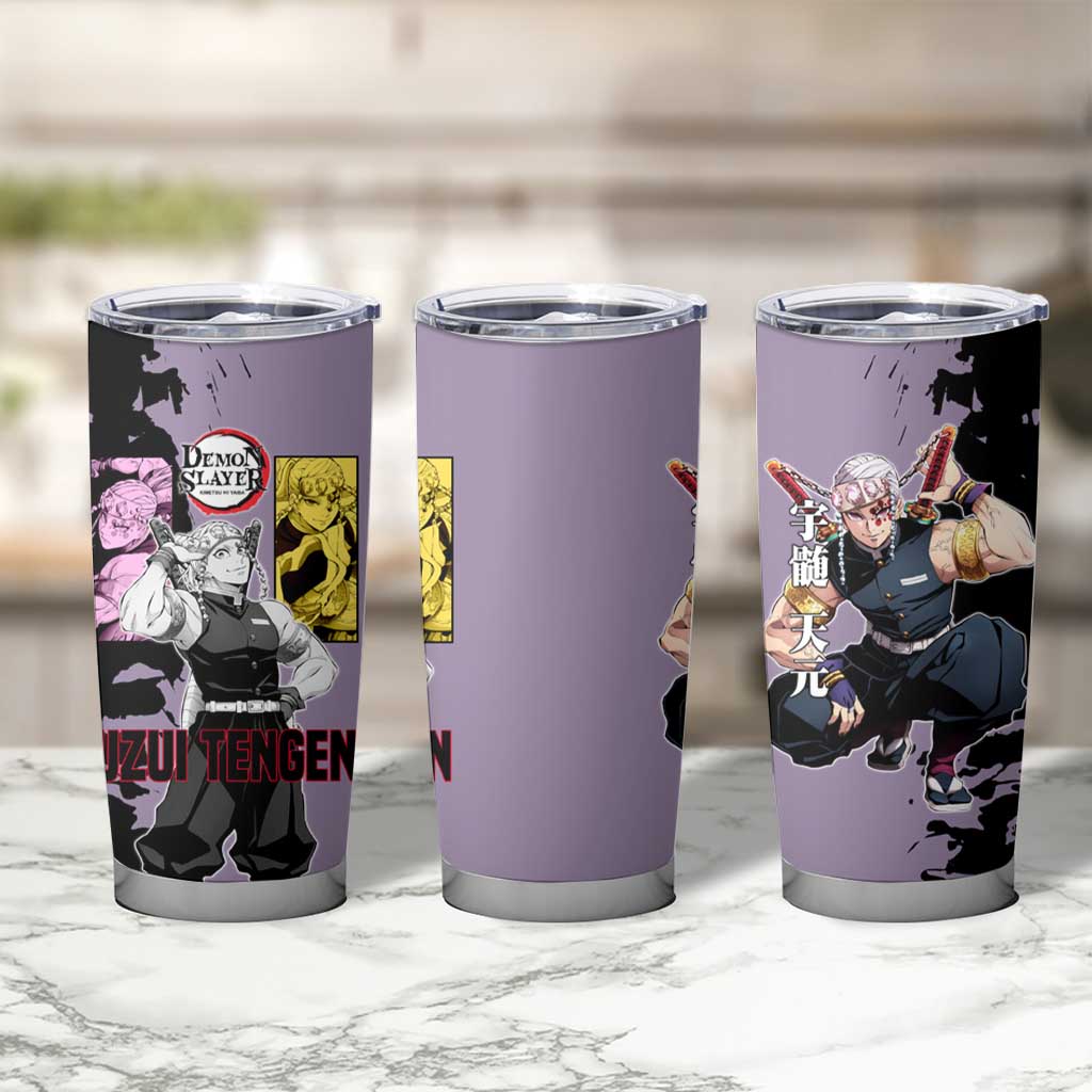 Tengen Uzui from Demon Slayer Tumbler Cup with Purple and Black Split Design and Dual Sword Manga Panel Layout - The Mazicc