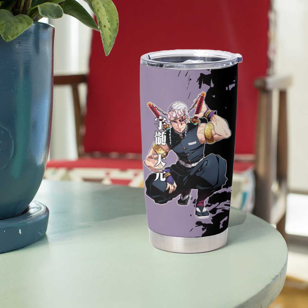 Tengen Uzui from Demon Slayer Tumbler Cup with Purple and Black Split Design and Dual Sword Manga Panel Layout - The Mazicc