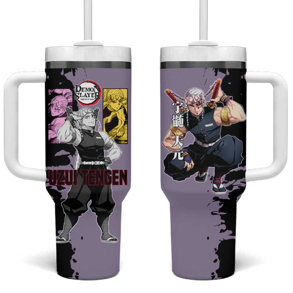 Tengen Uzui from Demon Slayer Tumbler With Handle with Purple and Black Split Design and Dual Sword Manga Panel Layout - The Mazicc