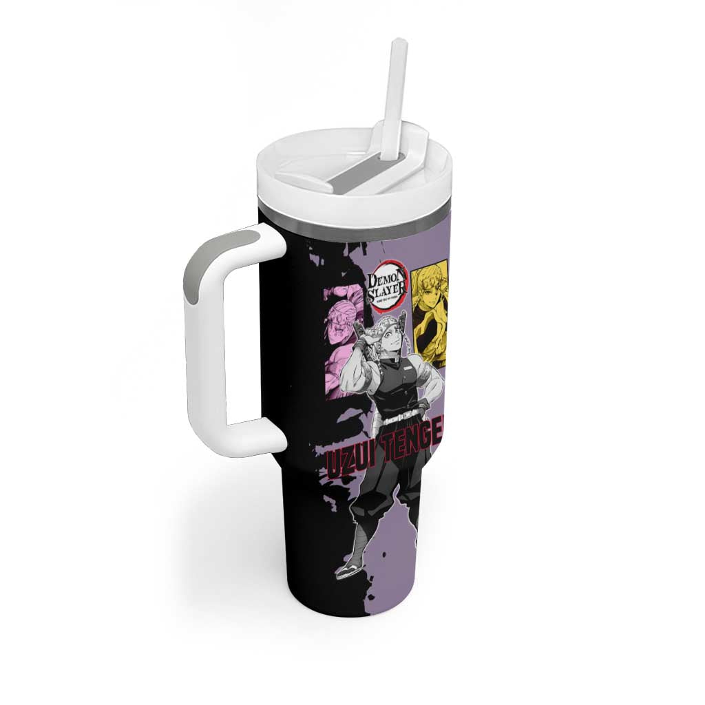 Tengen Uzui from Demon Slayer Tumbler With Handle with Purple and Black Split Design and Dual Sword Manga Panel Layout - The Mazicc