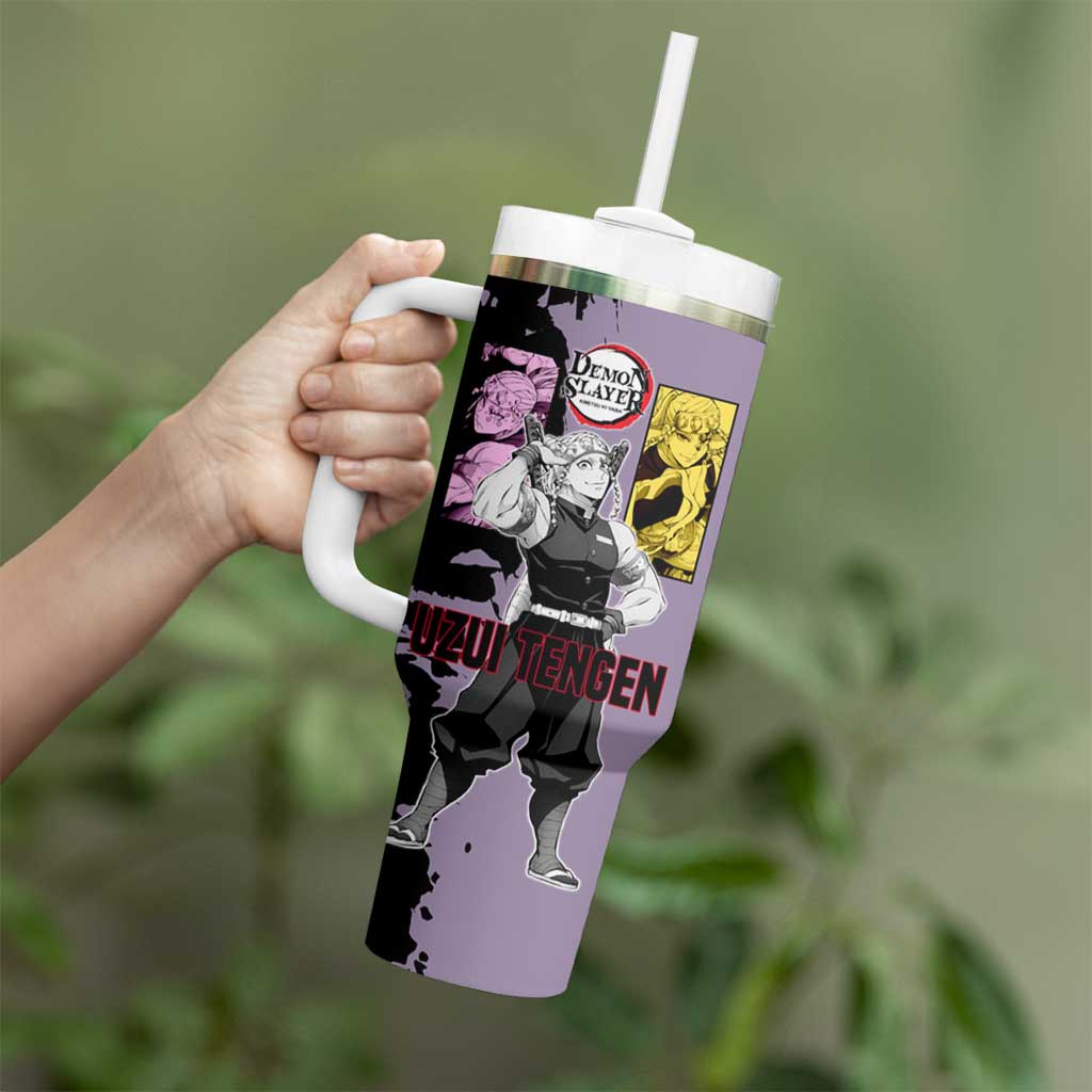 Tengen Uzui from Demon Slayer Tumbler With Handle with Purple and Black Split Design and Dual Sword Manga Panel Layout - The Mazicc