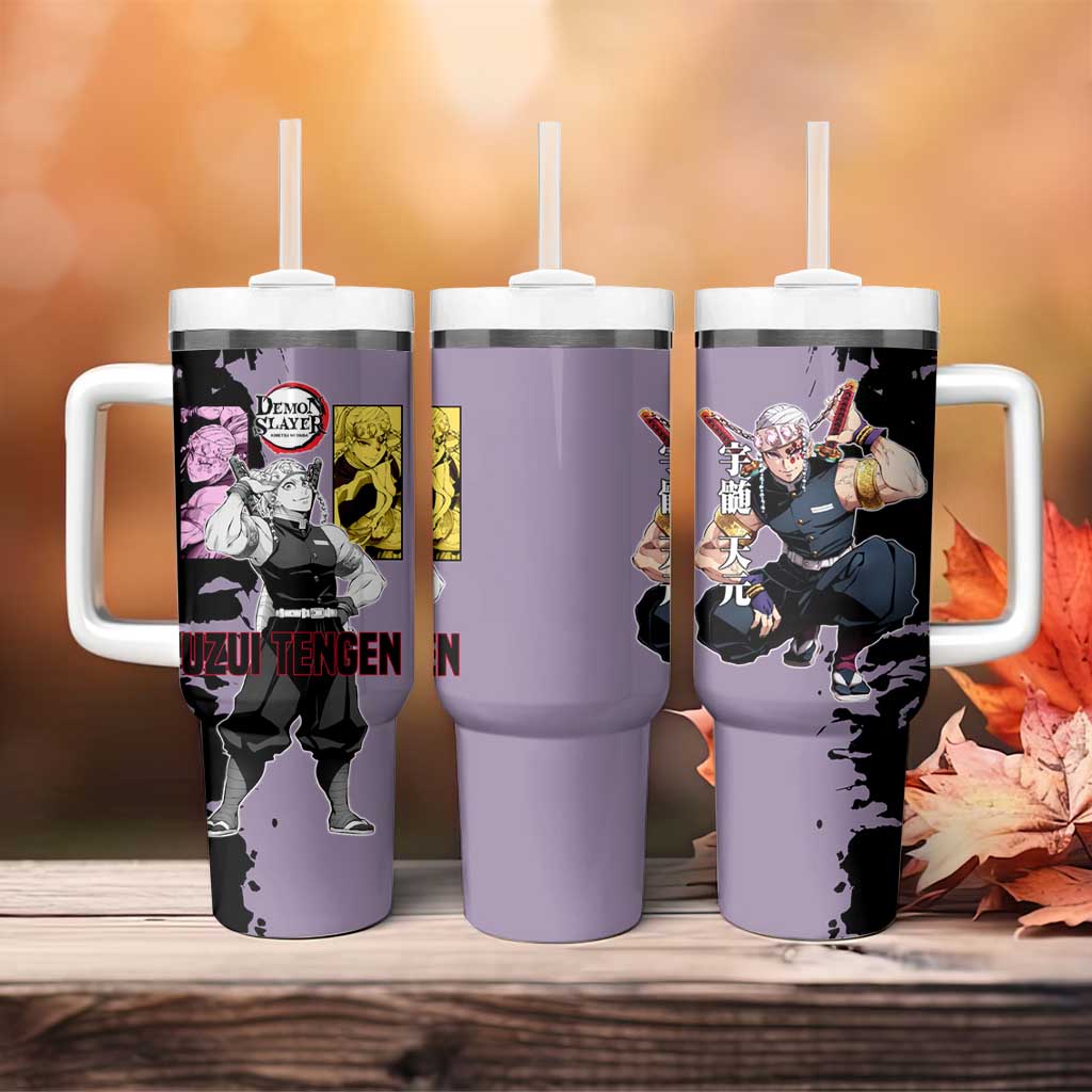 Tengen Uzui from Demon Slayer Tumbler With Handle with Purple and Black Split Design and Dual Sword Manga Panel Layout - The Mazicc