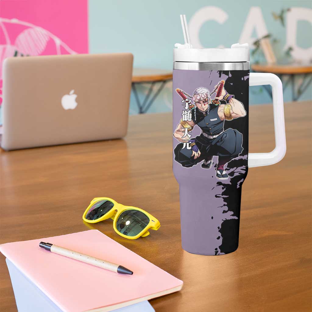 Tengen Uzui from Demon Slayer Tumbler With Handle with Purple and Black Split Design and Dual Sword Manga Panel Layout - The Mazicc