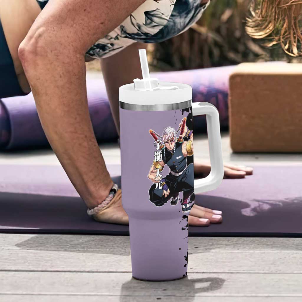 Tengen Uzui from Demon Slayer Tumbler With Handle with Purple and Black Split Design and Dual Sword Manga Panel Layout - The Mazicc
