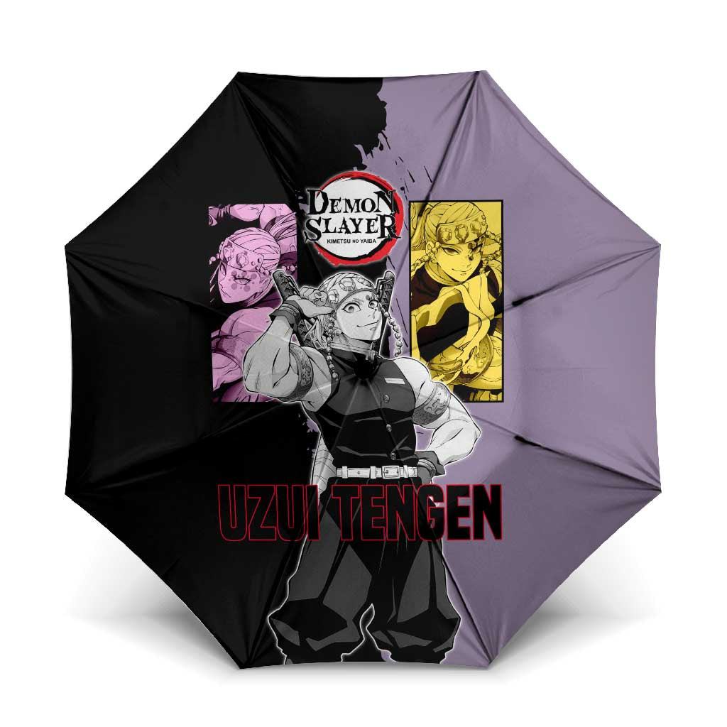 Tengen Uzui from Demon Slayer Umbrella with Purple and Black Split Design and Dual Sword Manga Panel Layout - The Mazicc