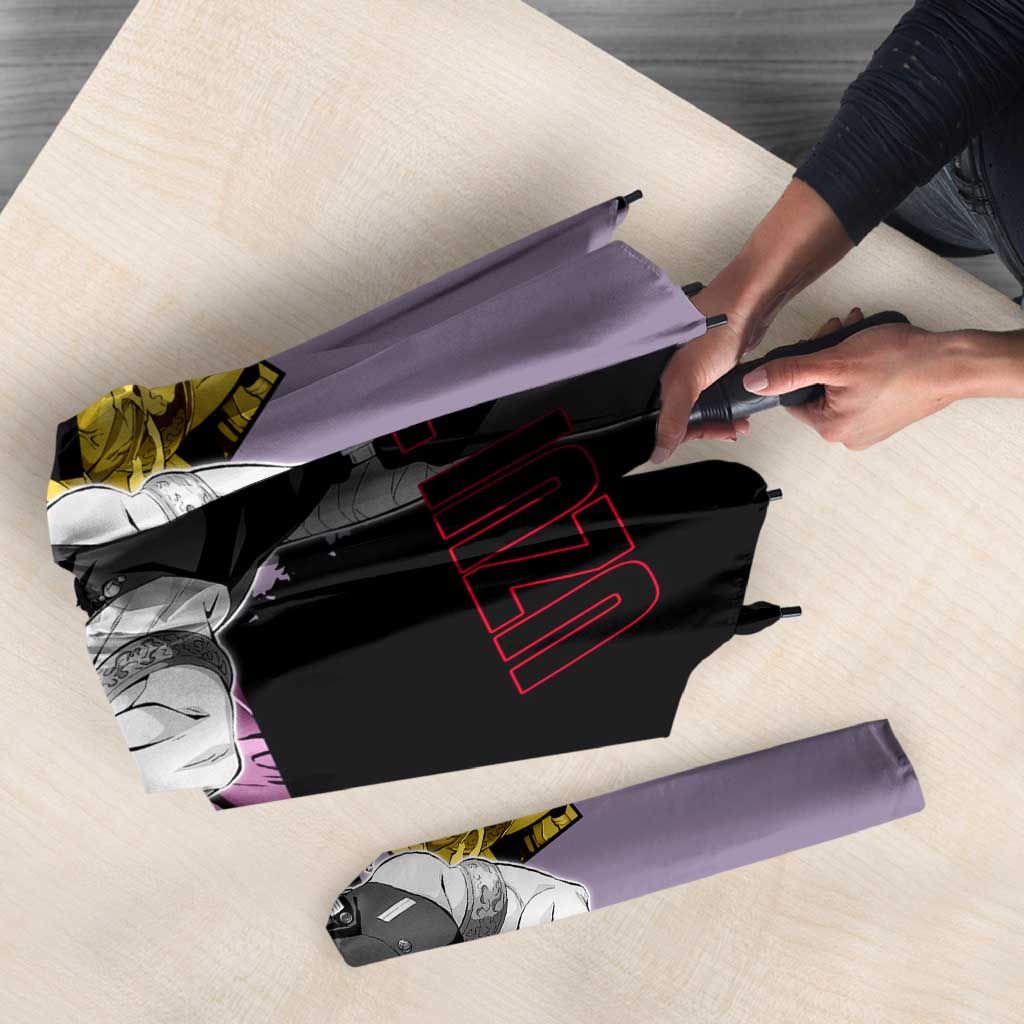 Tengen Uzui from Demon Slayer Umbrella with Purple and Black Split Design and Dual Sword Manga Panel Layout - The Mazicc
