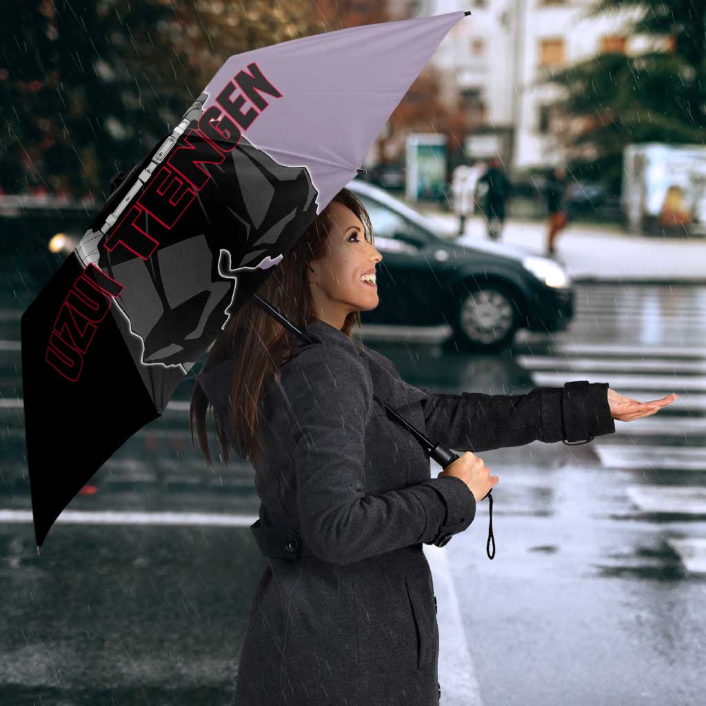 Tengen Uzui from Demon Slayer Umbrella with Purple and Black Split Design and Dual Sword Manga Panel Layout - The Mazicc