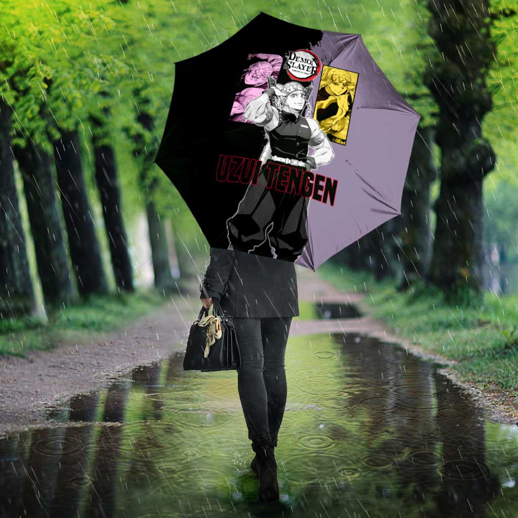 Tengen Uzui from Demon Slayer Umbrella with Purple and Black Split Design and Dual Sword Manga Panel Layout - The Mazicc