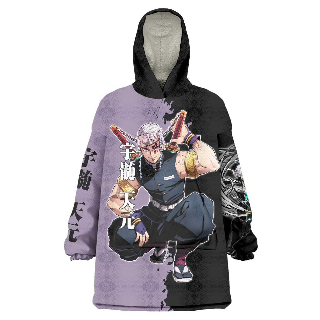 Tengen Uzui from Demon Slayer Wearable Blanket Hoodie with Purple and Black Split Design and Dual Sword Manga Panel Layout - The Mazicc