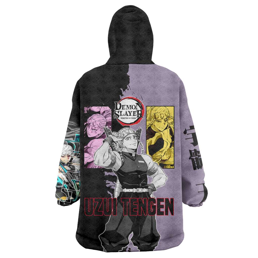 Tengen Uzui from Demon Slayer Wearable Blanket Hoodie with Purple and Black Split Design and Dual Sword Manga Panel Layout - The Mazicc