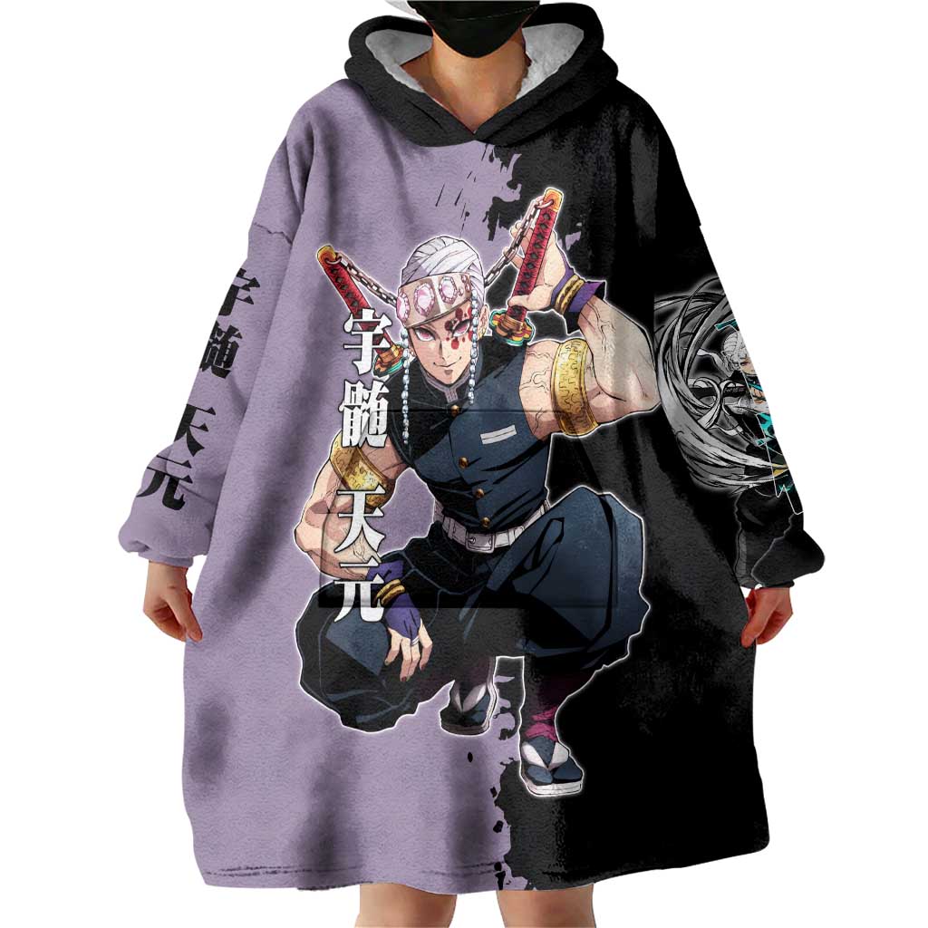Tengen Uzui from Demon Slayer Wearable Blanket Hoodie with Purple and Black Split Design and Dual Sword Manga Panel Layout - The Mazicc
