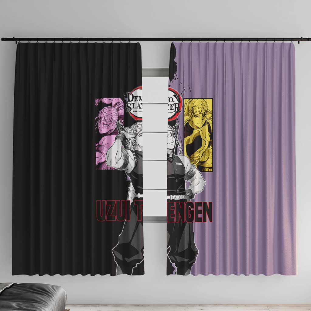 Tengen Uzui from Demon Slayer Window Curtain with Purple and Black Split Design and Dual Sword Manga Panel Layout - The Mazicc