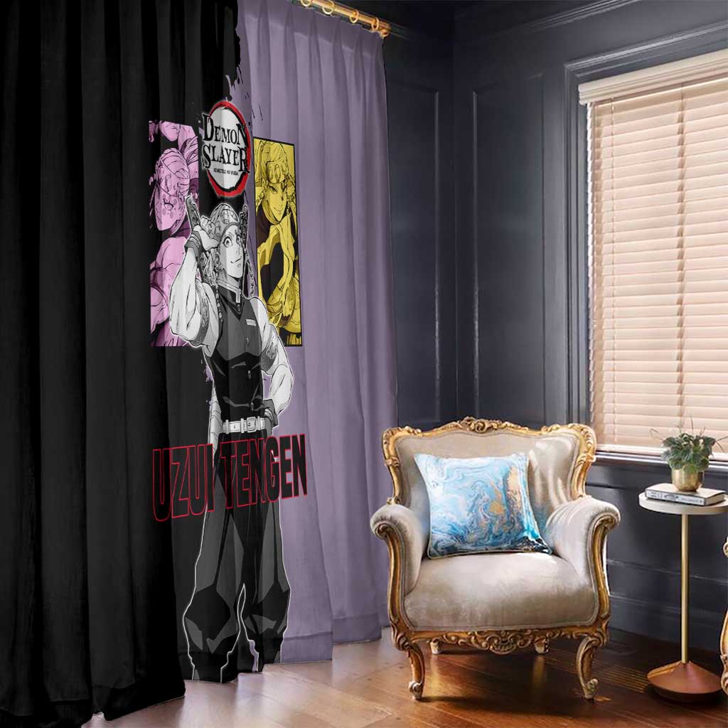 Tengen Uzui from Demon Slayer Window Curtain with Purple and Black Split Design and Dual Sword Manga Panel Layout - The Mazicc