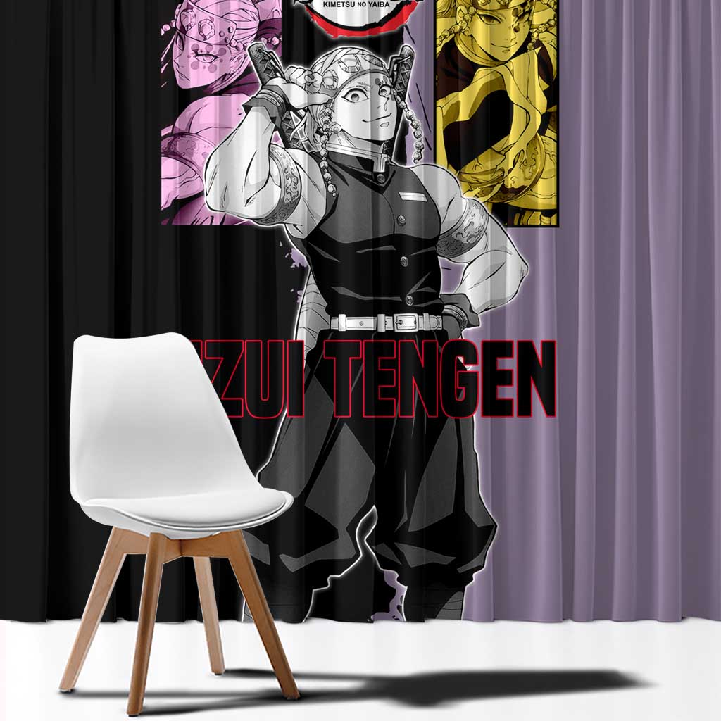 Tengen Uzui from Demon Slayer Window Curtain with Purple and Black Split Design and Dual Sword Manga Panel Layout - The Mazicc