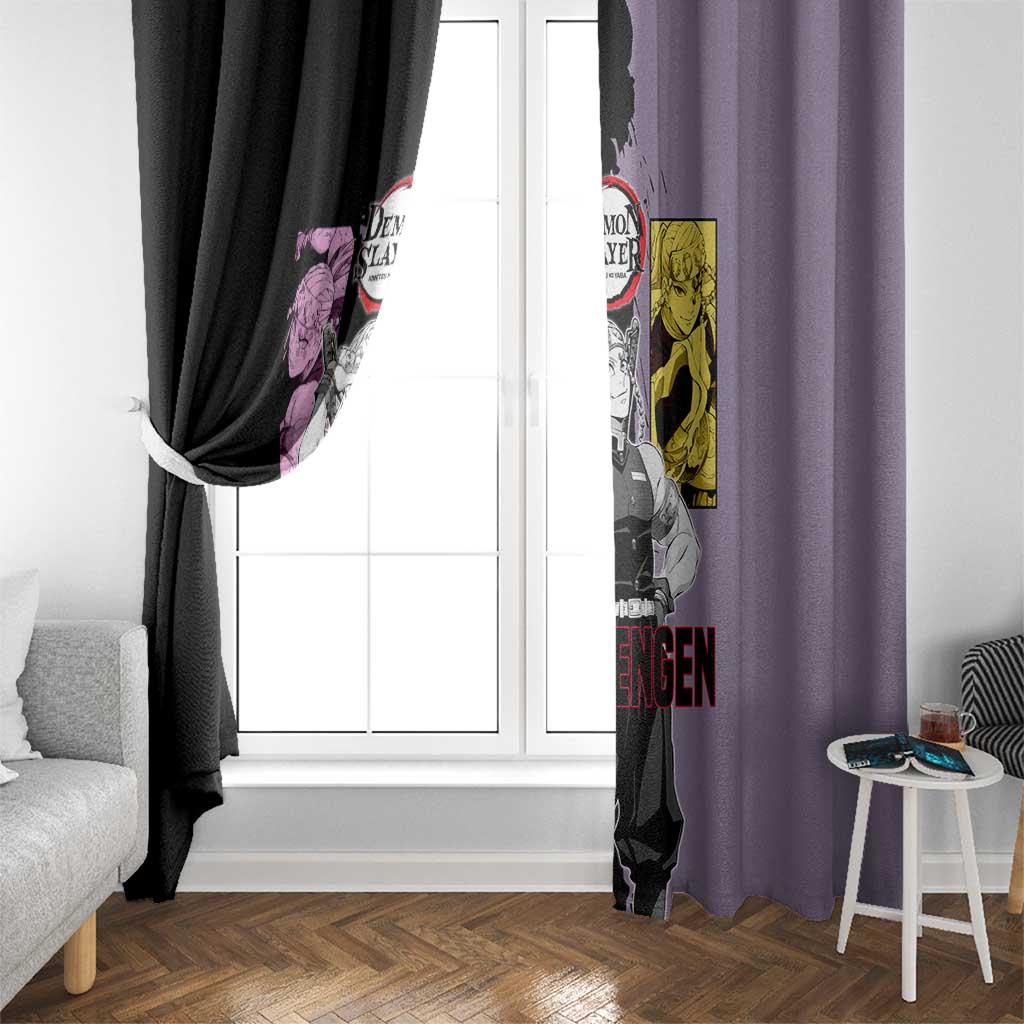 Tengen Uzui from Demon Slayer Window Curtain with Purple and Black Split Design and Dual Sword Manga Panel Layout - The Mazicc