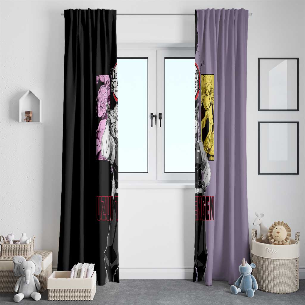 Tengen Uzui from Demon Slayer Window Curtain with Purple and Black Split Design and Dual Sword Manga Panel Layout - The Mazicc