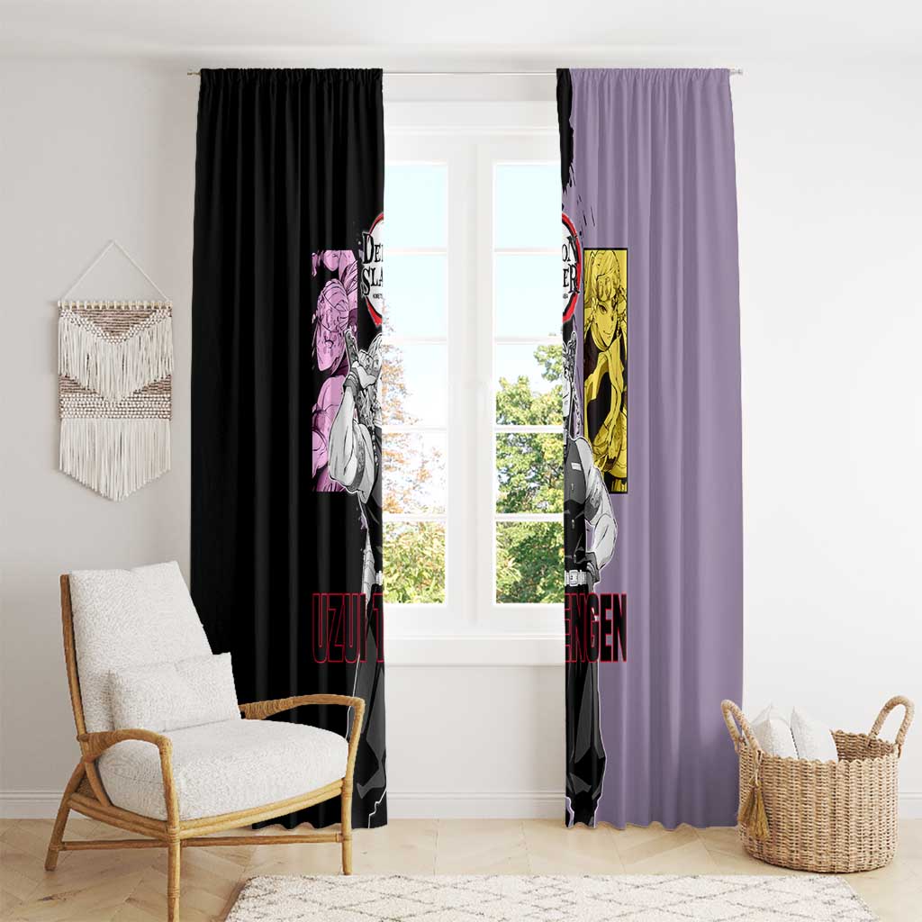 Tengen Uzui from Demon Slayer Window Curtain with Purple and Black Split Design and Dual Sword Manga Panel Layout - The Mazicc