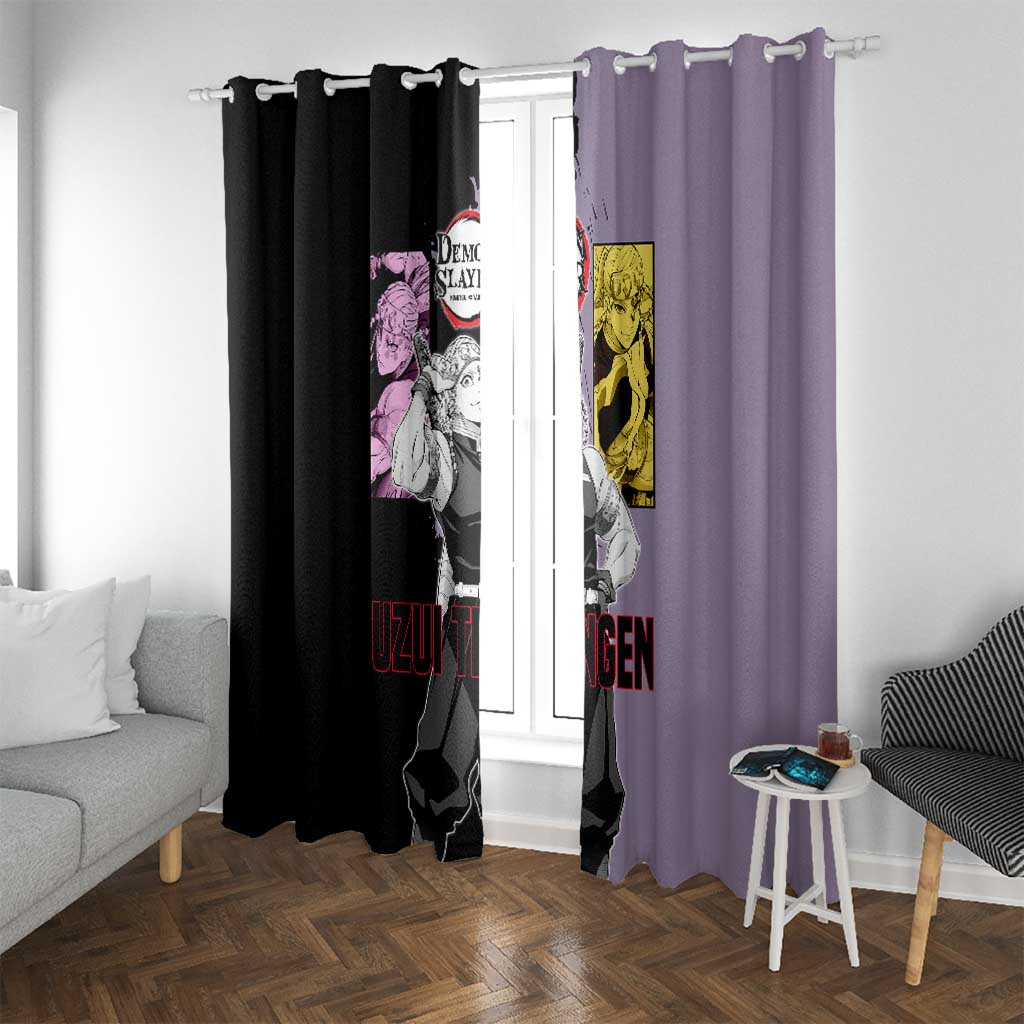 Tengen Uzui from Demon Slayer Window Curtain with Purple and Black Split Design and Dual Sword Manga Panel Layout - The Mazicc