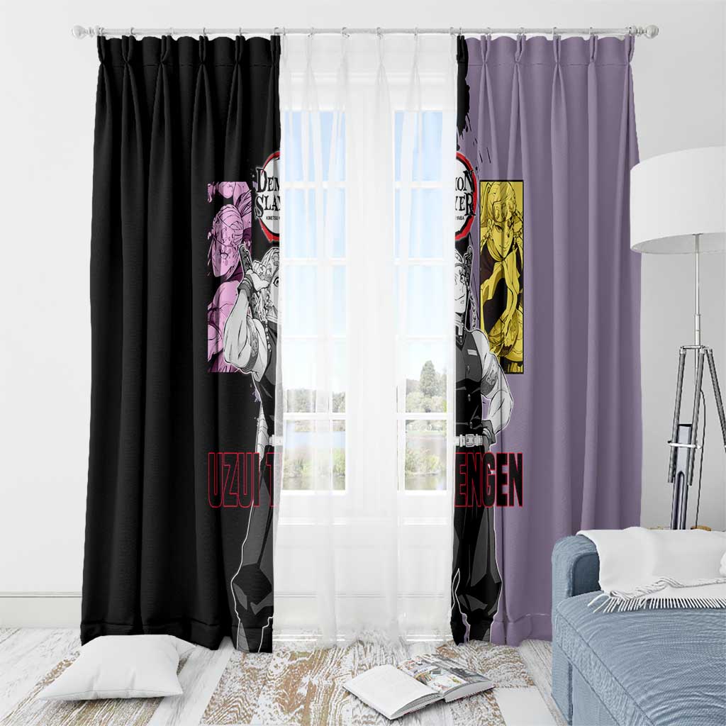 Tengen Uzui from Demon Slayer Window Curtain with Purple and Black Split Design and Dual Sword Manga Panel Layout - The Mazicc
