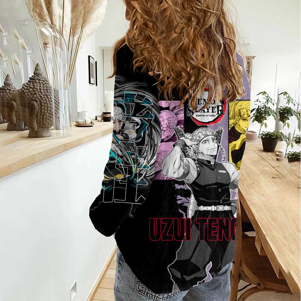 Tengen Uzui from Demon Slayer Women Casual Shirt with Purple and Black Split Design and Dual Sword Manga Panel Layout - The Mazicc