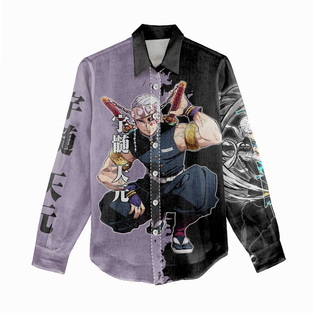 Tengen Uzui from Demon Slayer Women Casual Shirt with Purple and Black Split Design and Dual Sword Manga Panel Layout - The Mazicc
