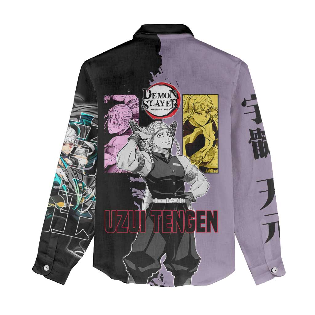 Tengen Uzui from Demon Slayer Women Casual Shirt with Purple and Black Split Design and Dual Sword Manga Panel Layout - The Mazicc