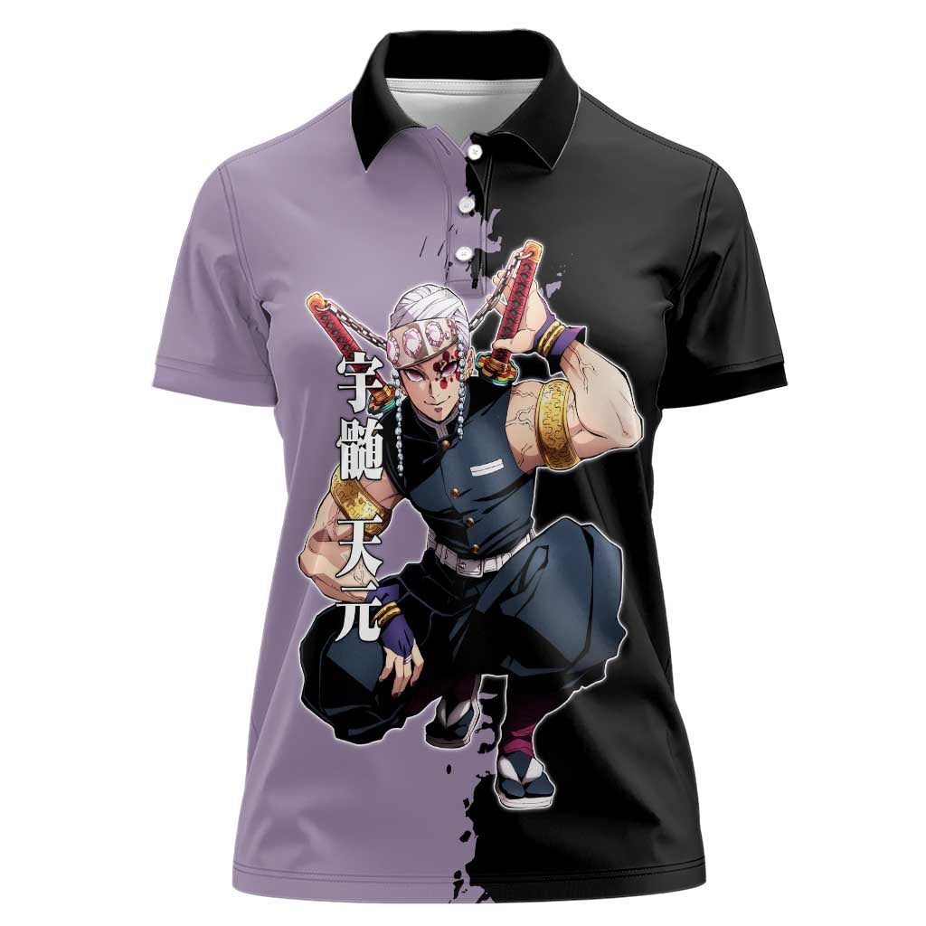 Tengen Uzui from Demon Slayer Women Polo Shirt with Purple and Black Split Design and Dual Sword Manga Panel Layout - The Mazicc