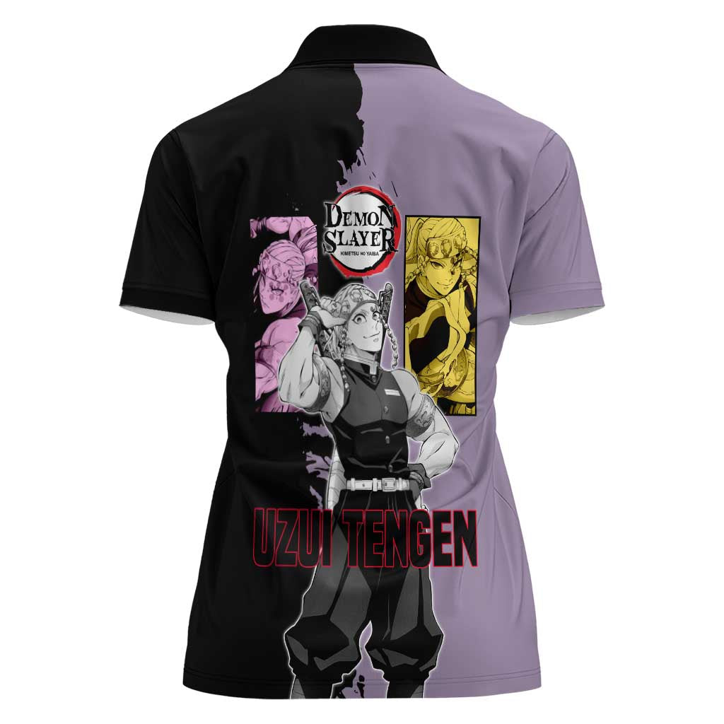 Tengen Uzui from Demon Slayer Women Polo Shirt with Purple and Black Split Design and Dual Sword Manga Panel Layout - The Mazicc