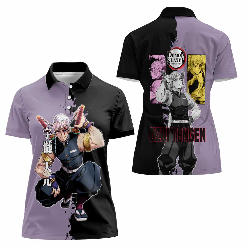 Tengen Uzui from Demon Slayer Women Polo Shirt with Purple and Black Split Design and Dual Sword Manga Panel Layout - The Mazicc
