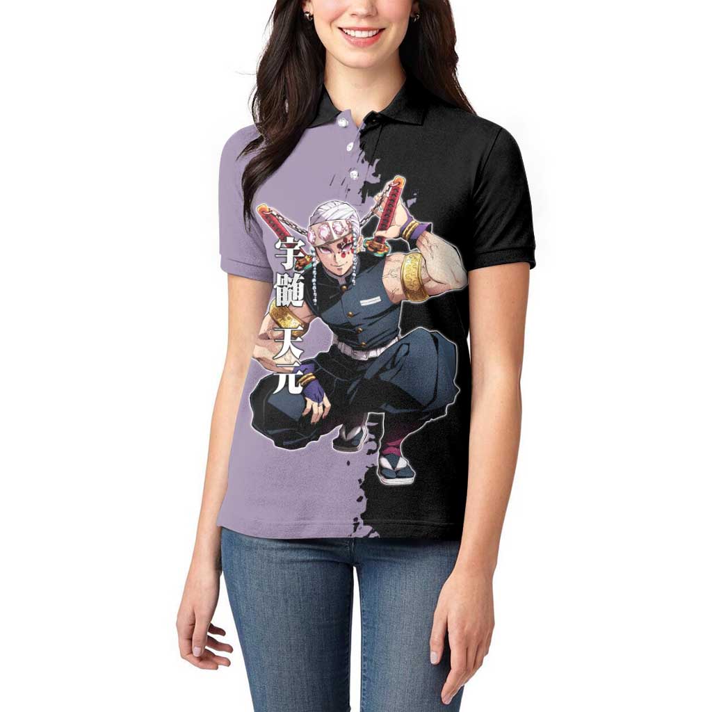 Tengen Uzui from Demon Slayer Women Polo Shirt with Purple and Black Split Design and Dual Sword Manga Panel Layout - The Mazicc