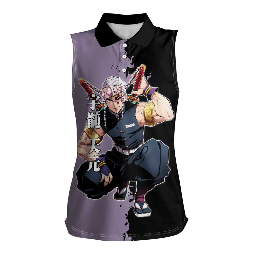 Tengen Uzui from Demon Slayer Women Sleeveless Polo Shirt with Purple and Black Split Design and Dual Sword Manga Panel Layout - The Mazicc
