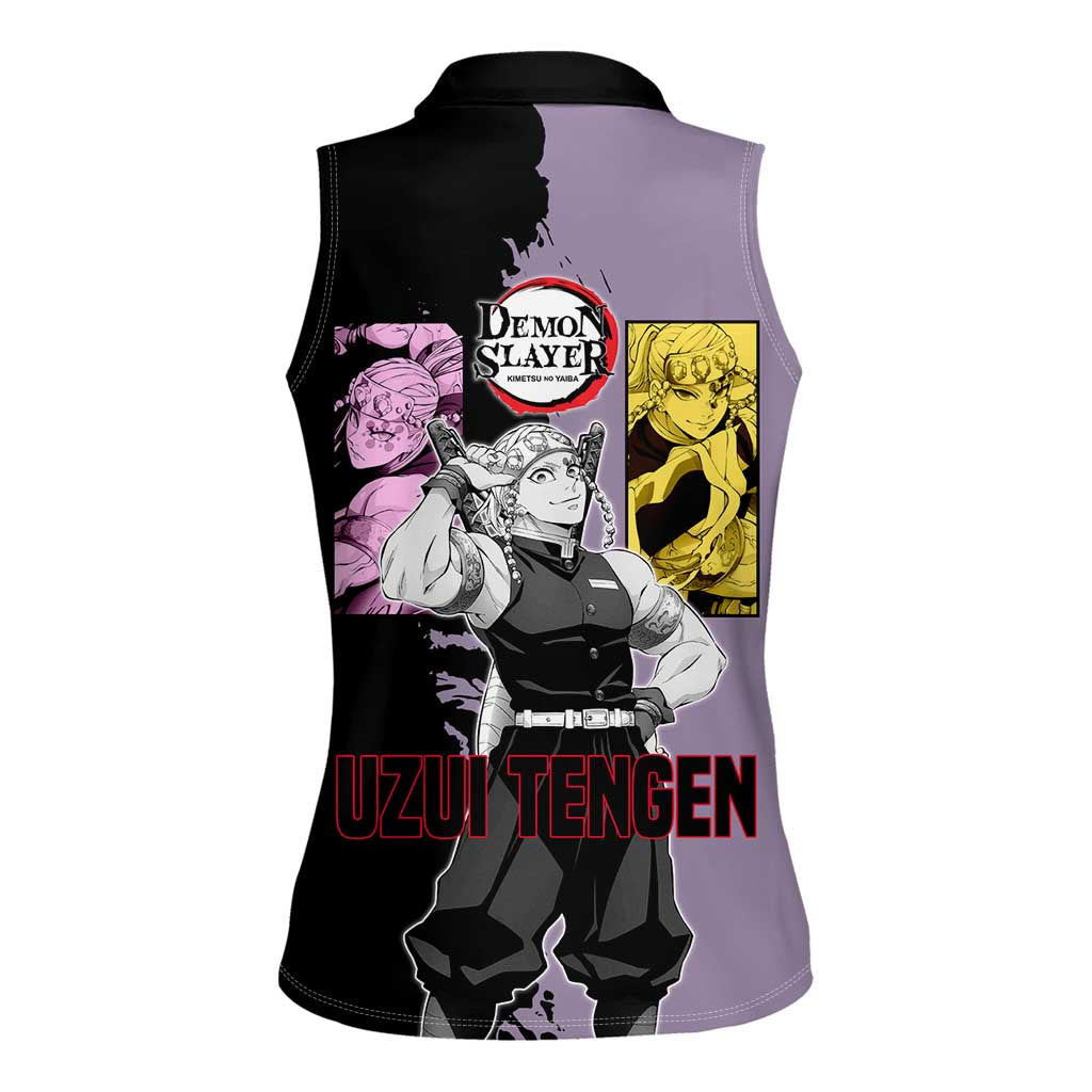 Tengen Uzui from Demon Slayer Women Sleeveless Polo Shirt with Purple and Black Split Design and Dual Sword Manga Panel Layout - The Mazicc