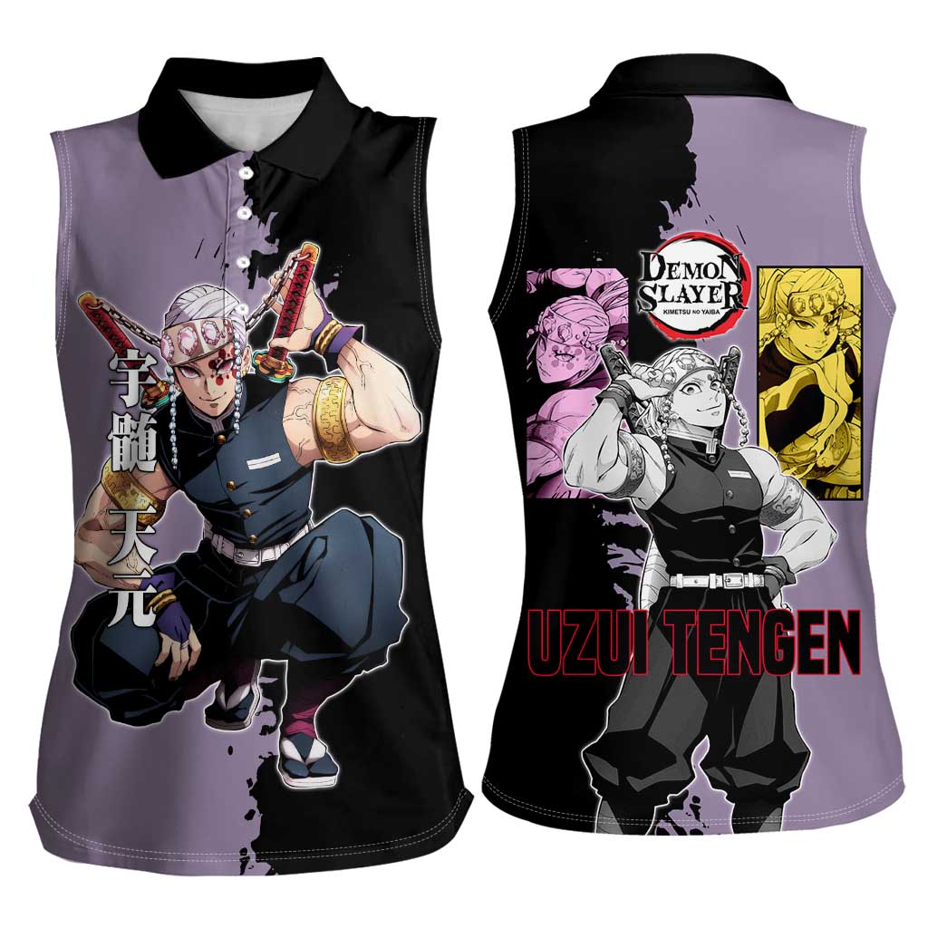 Tengen Uzui from Demon Slayer Women Sleeveless Polo Shirt with Purple and Black Split Design and Dual Sword Manga Panel Layout - The Mazicc