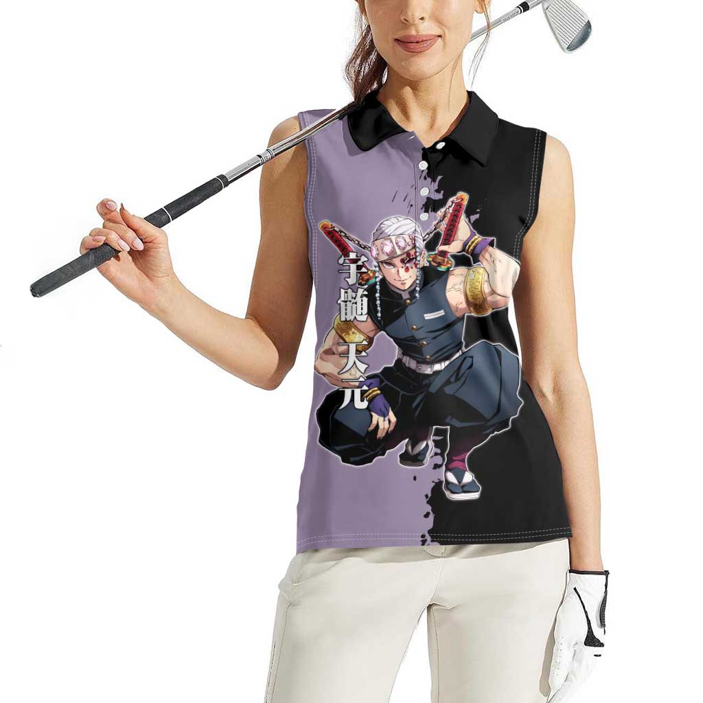 Tengen Uzui from Demon Slayer Women Sleeveless Polo Shirt with Purple and Black Split Design and Dual Sword Manga Panel Layout - The Mazicc