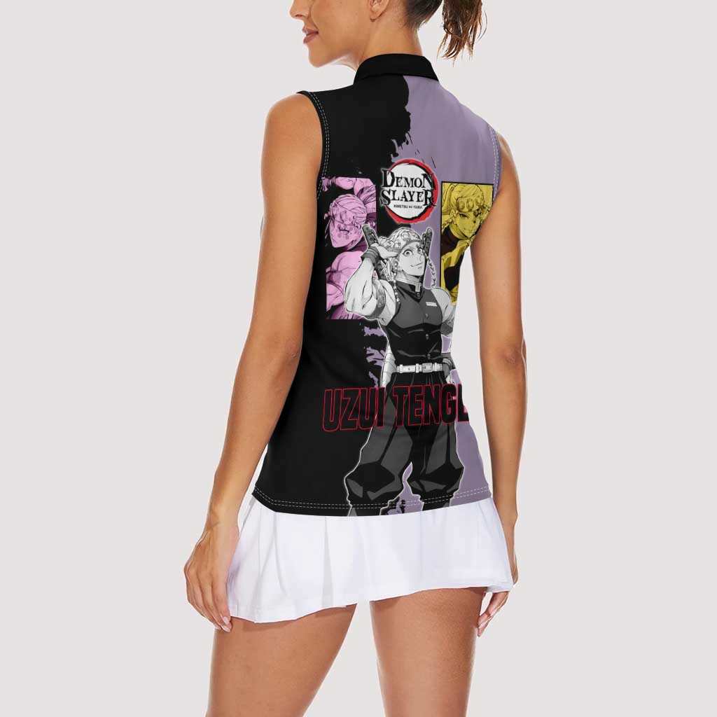 Tengen Uzui from Demon Slayer Women Sleeveless Polo Shirt with Purple and Black Split Design and Dual Sword Manga Panel Layout - The Mazicc