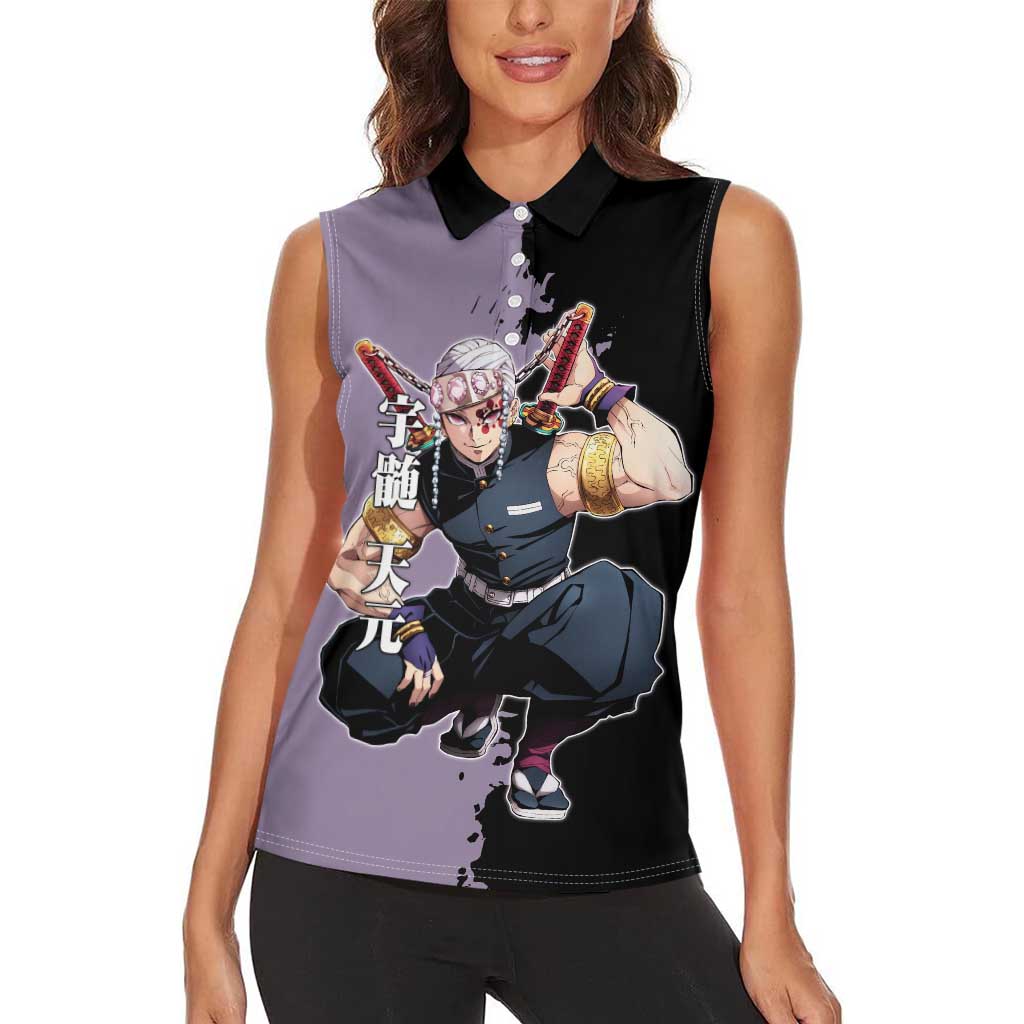 Tengen Uzui from Demon Slayer Women Sleeveless Polo Shirt with Purple and Black Split Design and Dual Sword Manga Panel Layout - The Mazicc