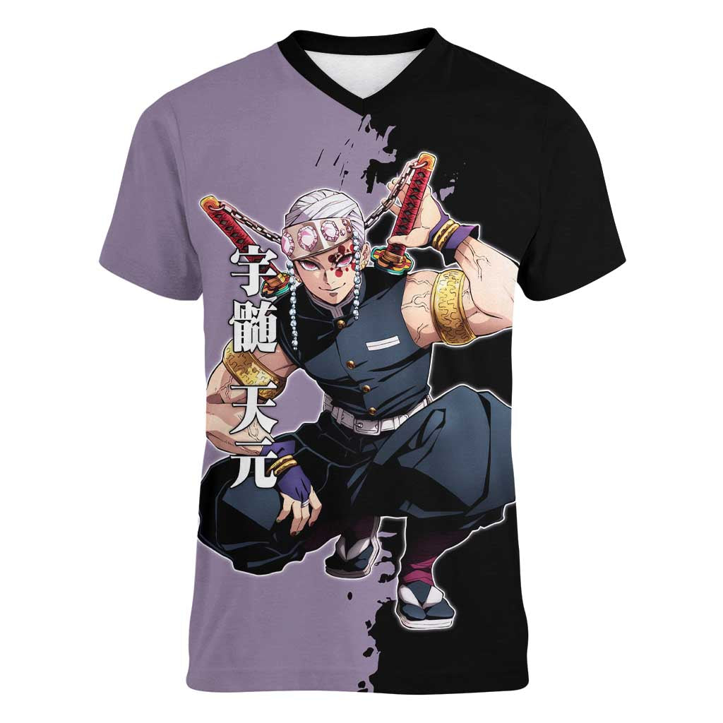 Tengen Uzui from Demon Slayer Women V-Neck T-Shirt with Purple and Black Split Design and Dual Sword Manga Panel Layout - The Mazicc