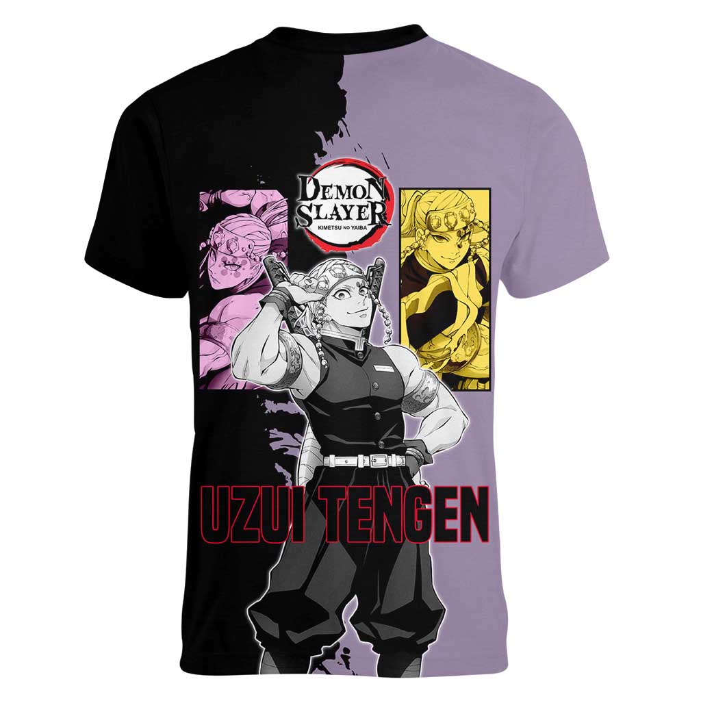 Tengen Uzui from Demon Slayer Women V-Neck T-Shirt with Purple and Black Split Design and Dual Sword Manga Panel Layout - The Mazicc