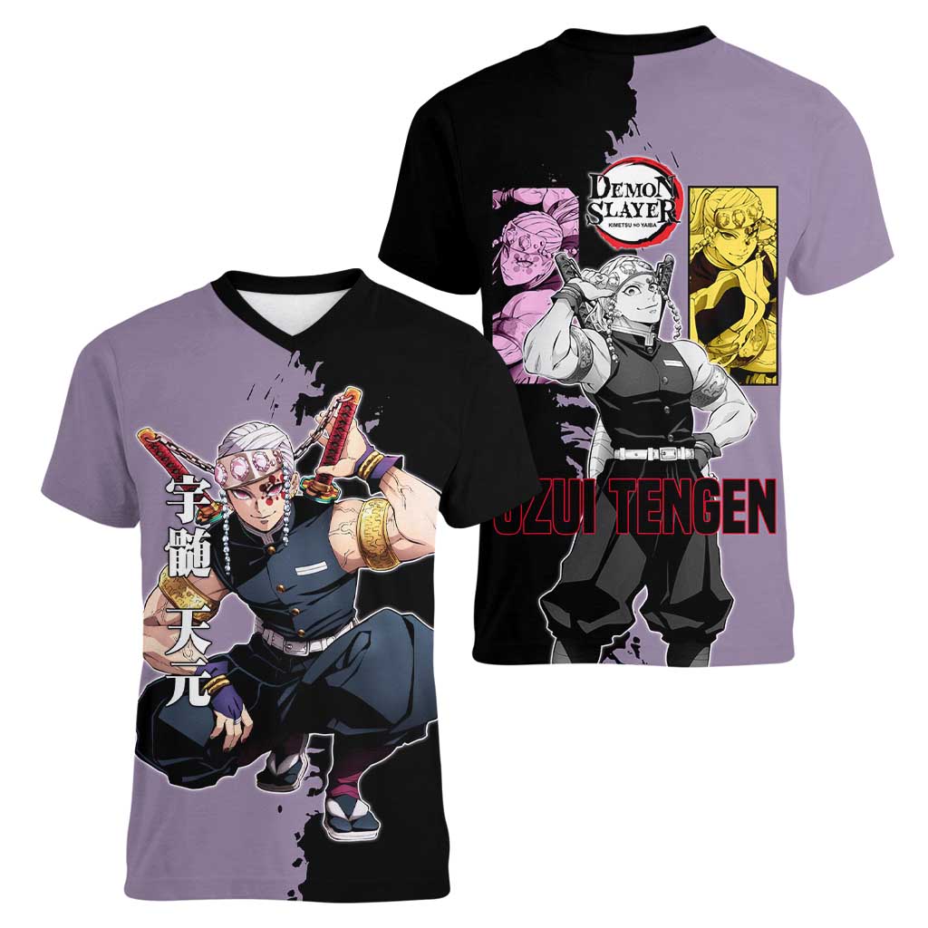 Tengen Uzui from Demon Slayer Women V-Neck T-Shirt with Purple and Black Split Design and Dual Sword Manga Panel Layout - The Mazicc