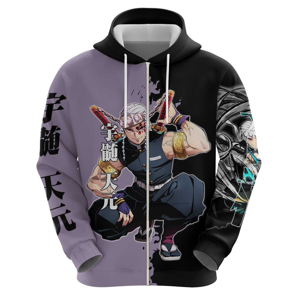 Tengen Uzui from Demon Slayer Zip Hoodie with Purple and Black Split Design and Dual Sword Manga Panel Layout - The Mazicc
