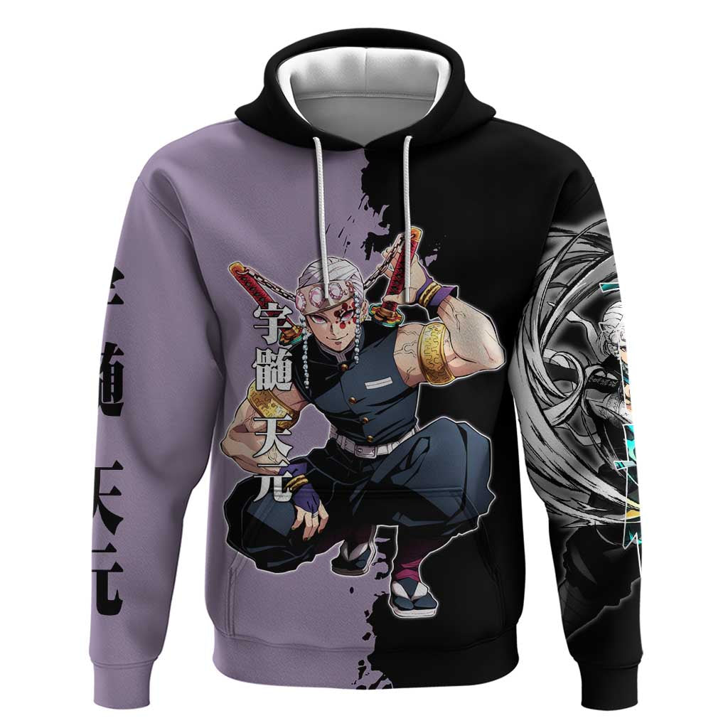 Tengen Uzui from Demon Slayer Zip Hoodie with Purple and Black Split Design and Dual Sword Manga Panel Layout - The Mazicc